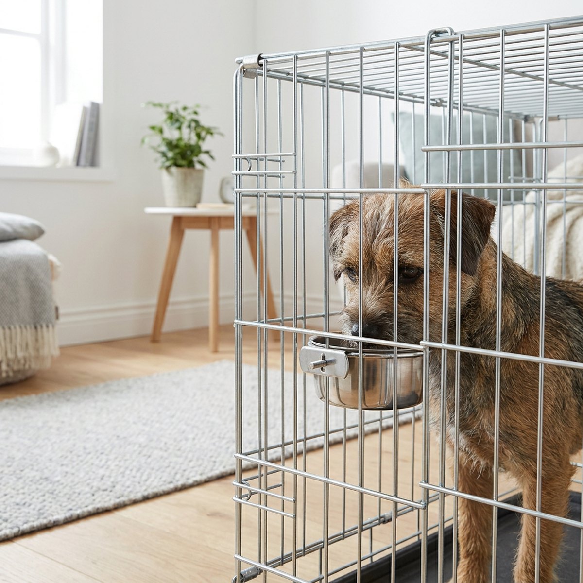 Terrier som dricker ur en rostfri skål med klämhållare fäst på gallret i en hundbur i ett ljust skandinaviskt rum