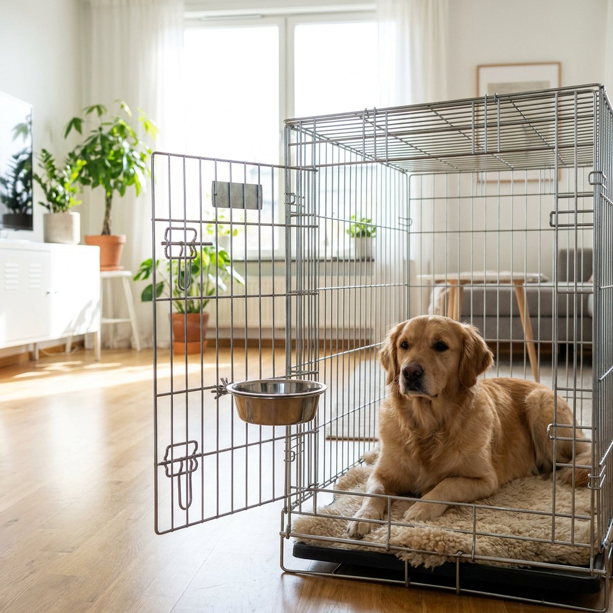 Hund som vilar i en hundbur i bilbagageutrymmet med en rostfri skål hållen på plats av en ringformad metallhållare fäst på burstängerna