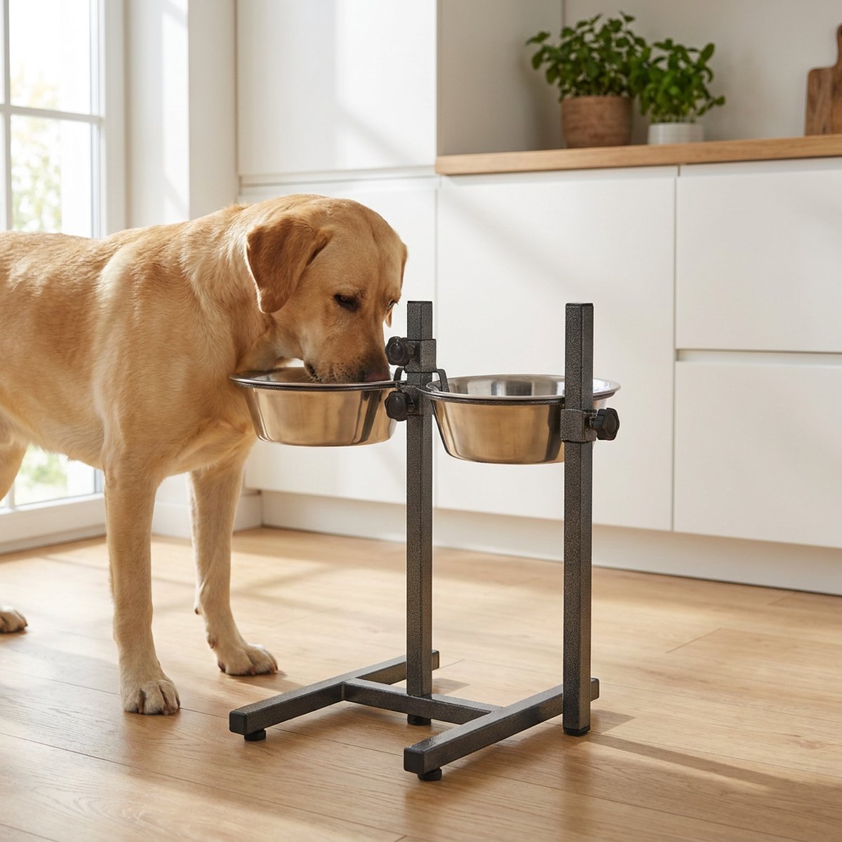 Stor hund som äter ur upphöjd matbar med grå T-stång och H-formad bas i ljust kök