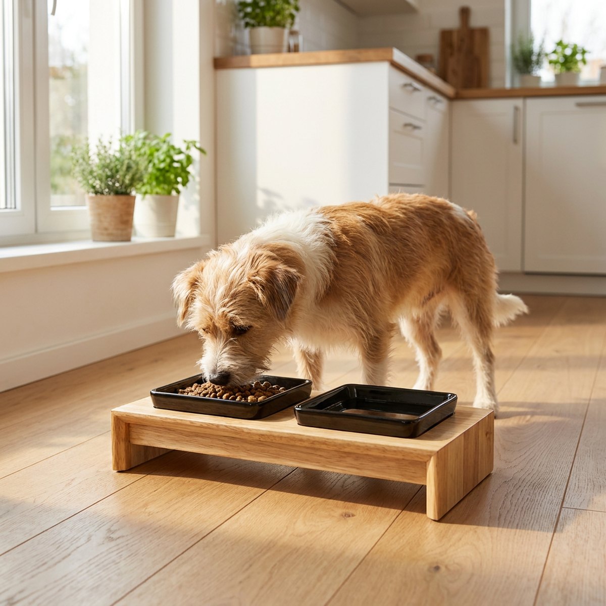 Hund som äter ur låg träplattform med två svarta fyrkantiga keramikskålar i ljust kök