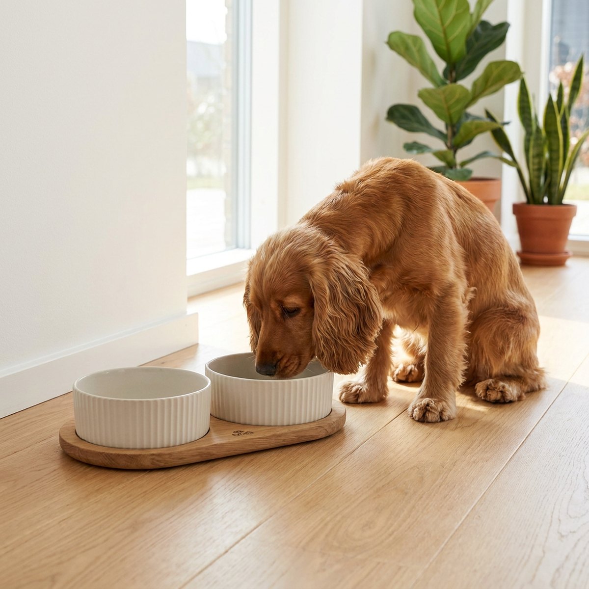 Liten hund som äter ur oval ekbricka med två vita ribbade keramikskålar på trägolv