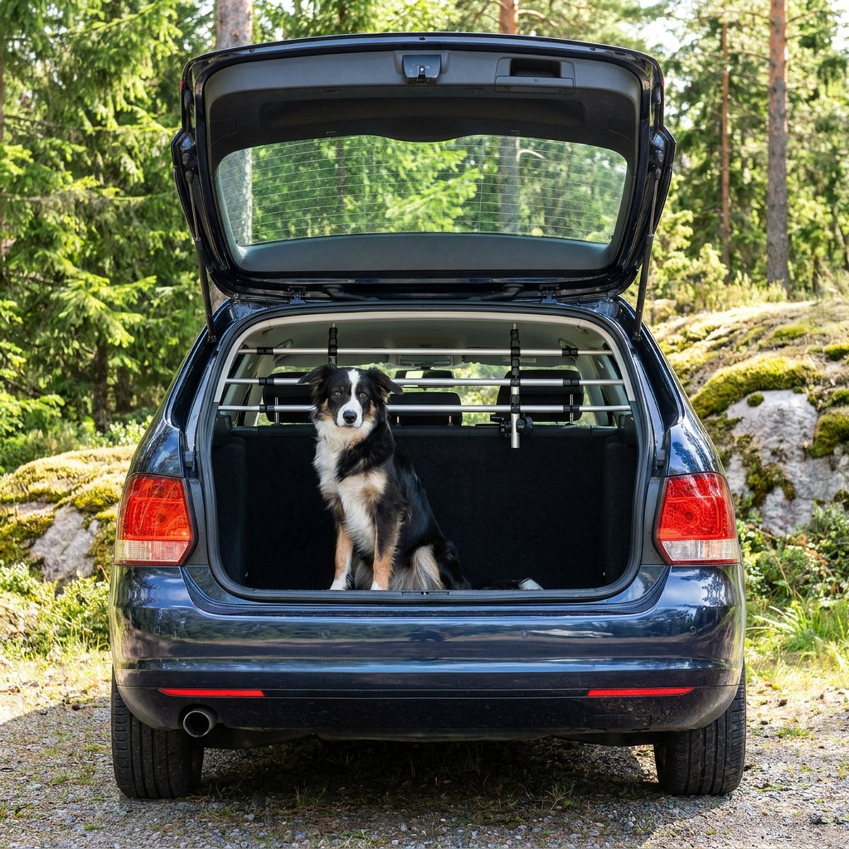 Silver och svart aluminiumgaller Trixie Universalgaller monterat i bagageutrymmet på en mörk kombi, border collie sitter bakom gallret med bakluckan öppen