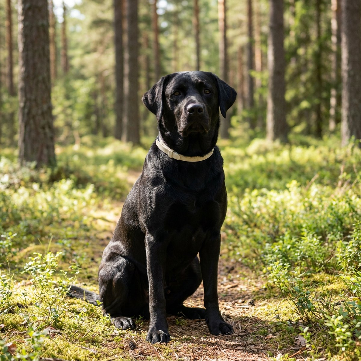 Svart labrador bär ett ljust Scalibor fästinghalsband på en skogsstig