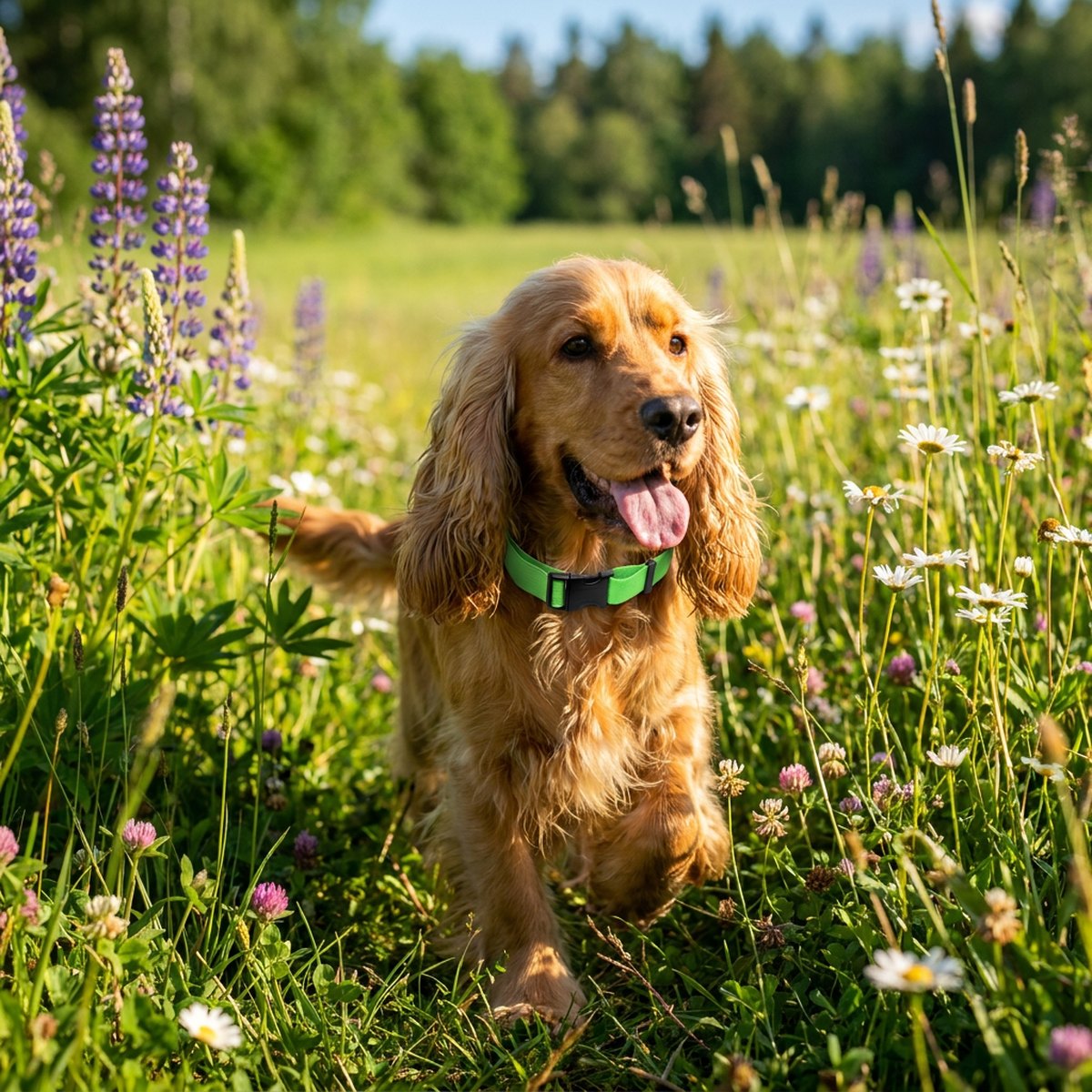 Kocker spaniel med ett knallgrönt Petwise fästinghalsband springer i en sommaräng
