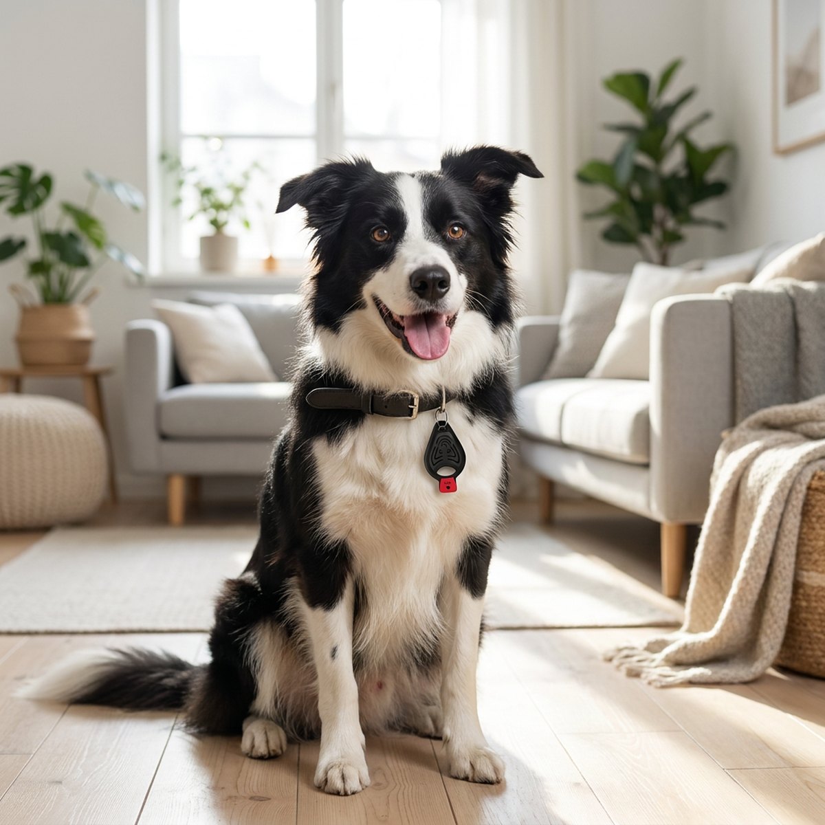 Border collie i skandinaviskt vardagsrum med Tickless Pet ultraljudsbricka fäst på halsbandet