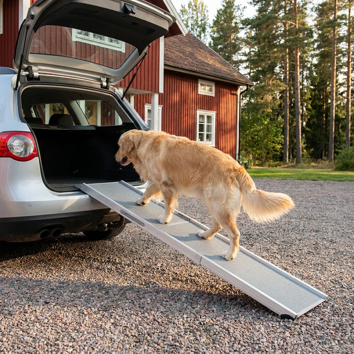 Golden retriever som går uppför en teleskopramp i aluminium in i bagageutrymmet på en silverfärgad bil