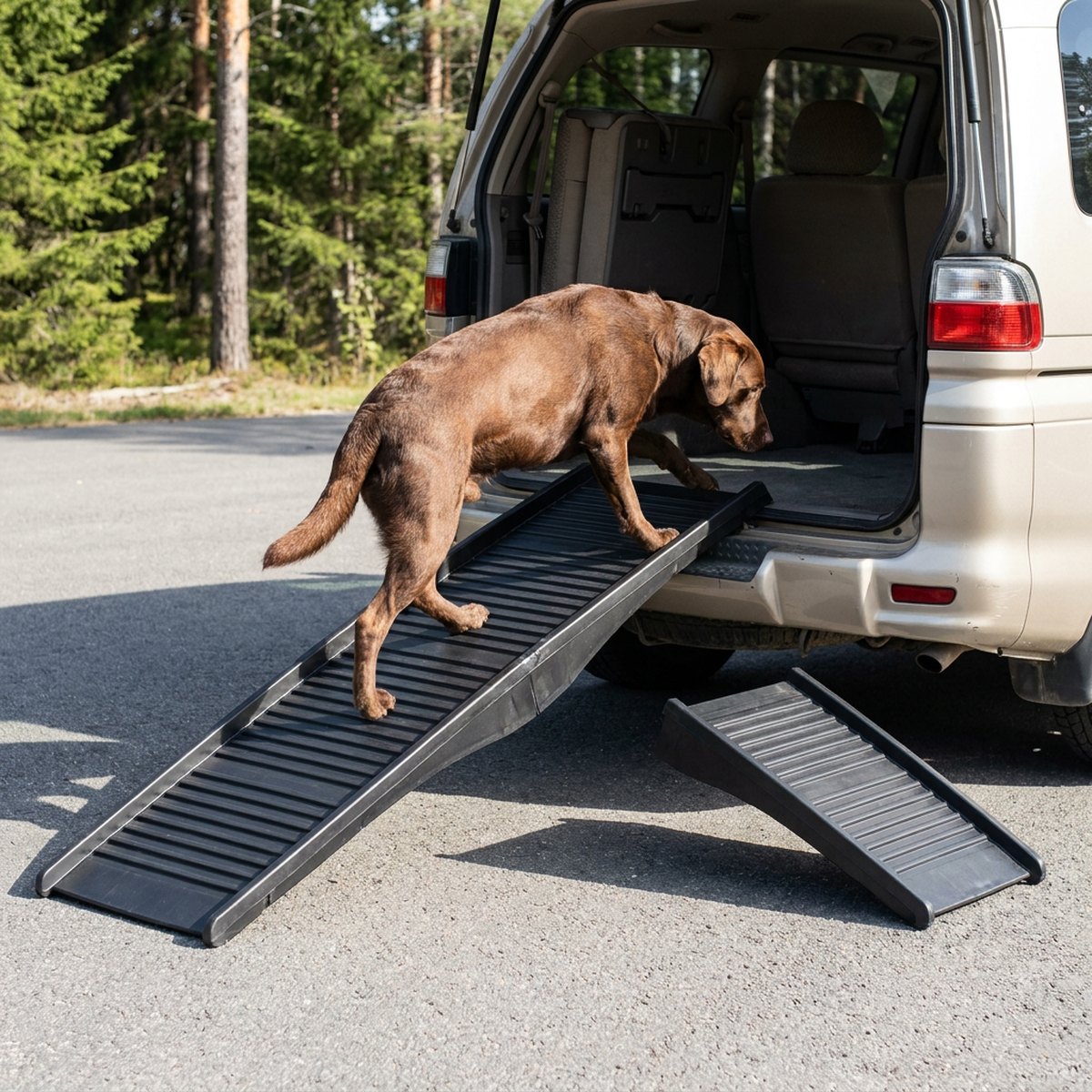Mellanstor brun hund som kliver upp för en grå hopfällbar plastramp in i en vit bils bagageutrymme på en ljus uppfart