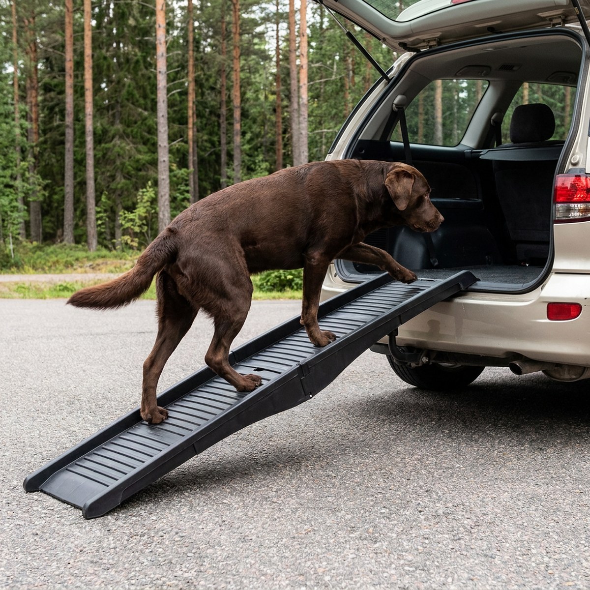 Brun labrador som går uppför en svart hopfällbar plastramp in i bagageutrymmet på en beige kombi