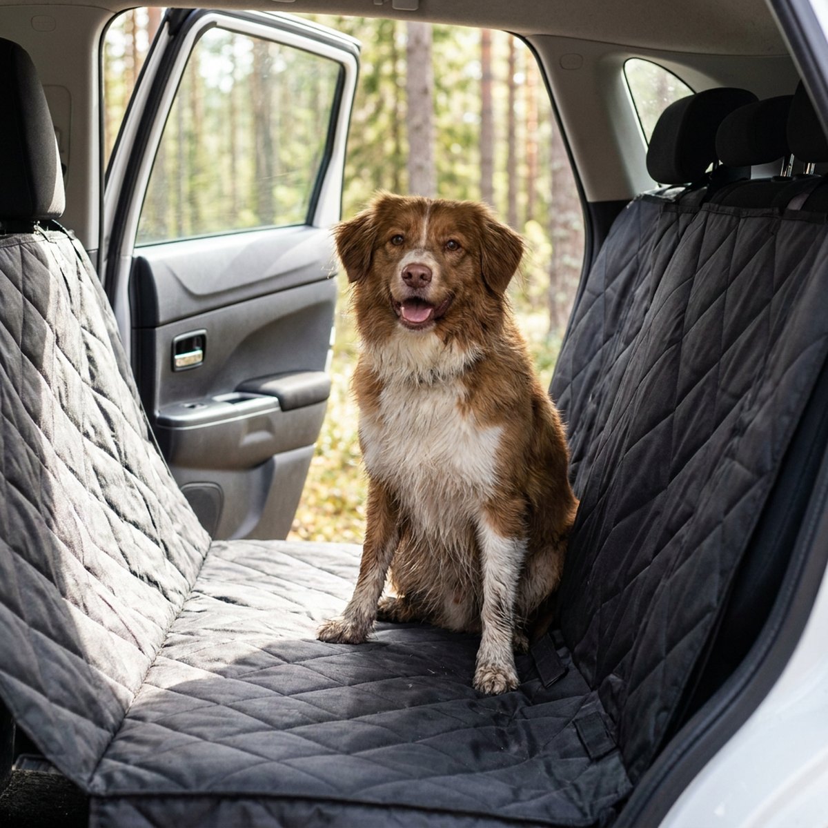 Mellanstor hund sitter på ett mörkgrått quiltat Basic Travel baksätesskydd i en bil med tallskog utanför
