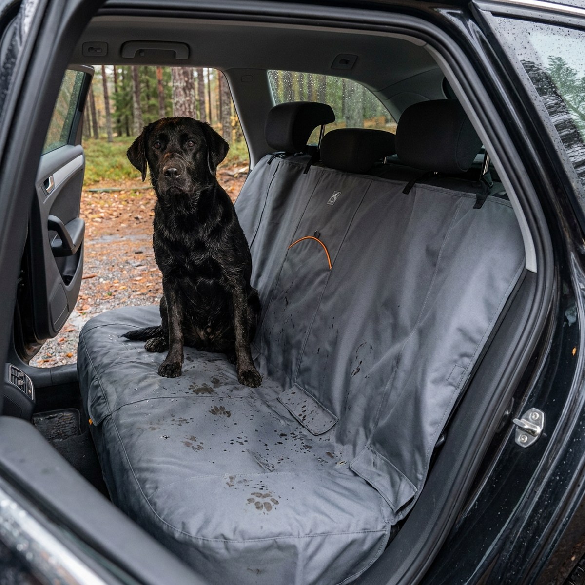 Blöt svart labrador sitter på ett grått Kurgo Wander Bench-skydd som täcker hela baksätet i en parkerad bil vid en skogsparkering