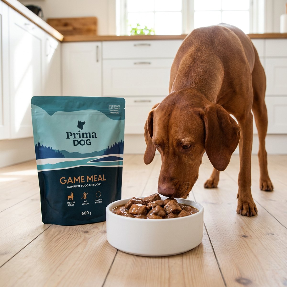 PrimaDog Game Meal stå-upp-påse på köksgolv bredvid en hund som äter köttbitar ur skål