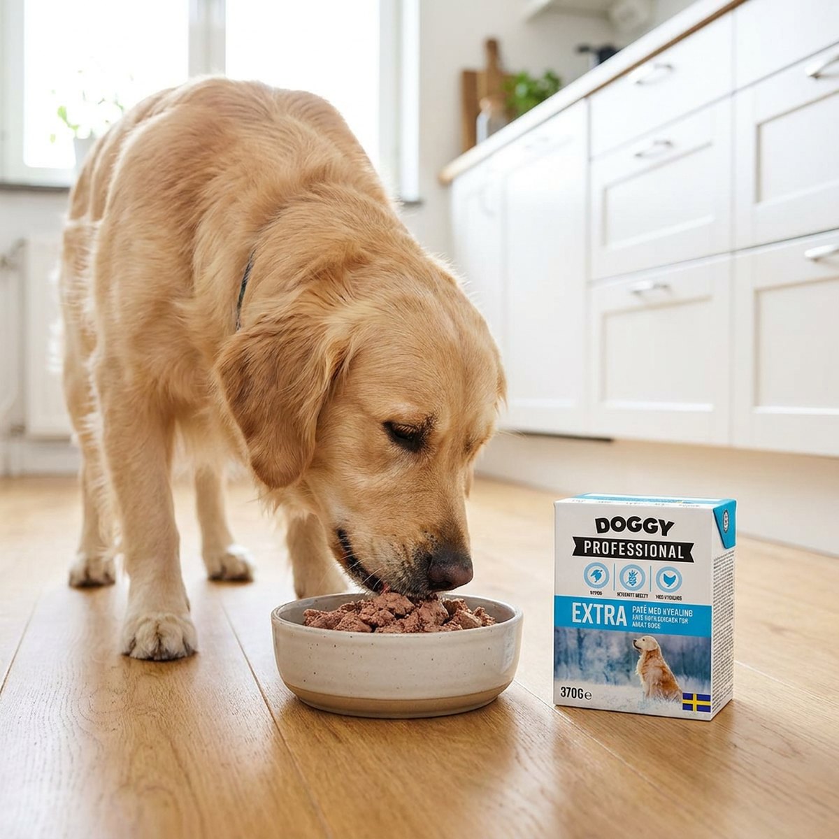 Doggy Professional Extra Tetra Recart-förpackning på köksgolvet medan en golden retriever äter