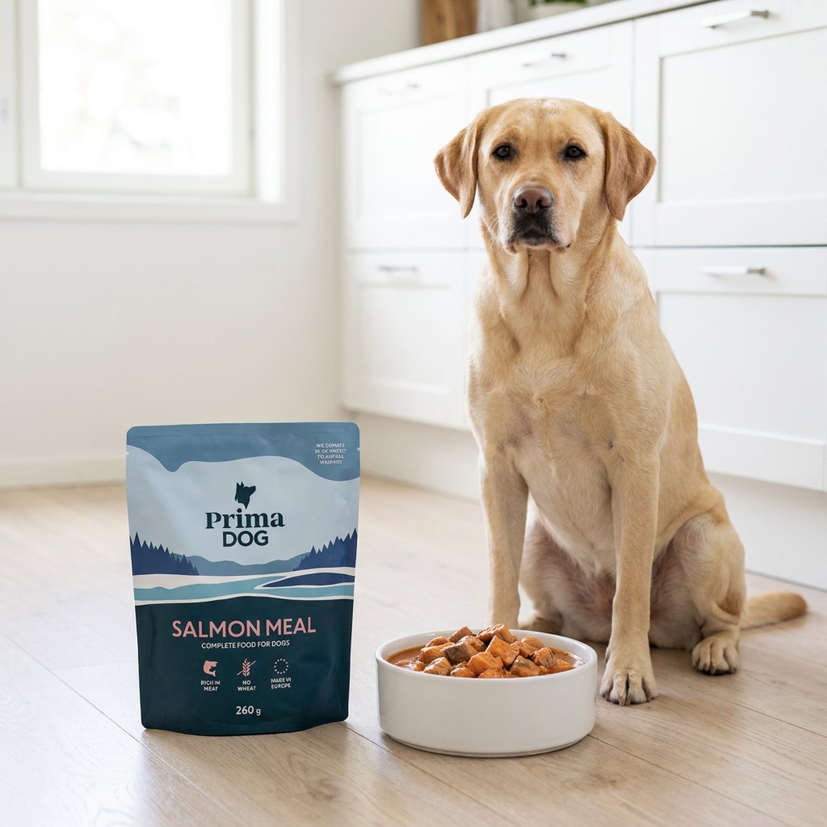 PrimaDog Salmon Meal stå-upp-påse på köksgolv bredvid en labrador och en skål med laxbitar