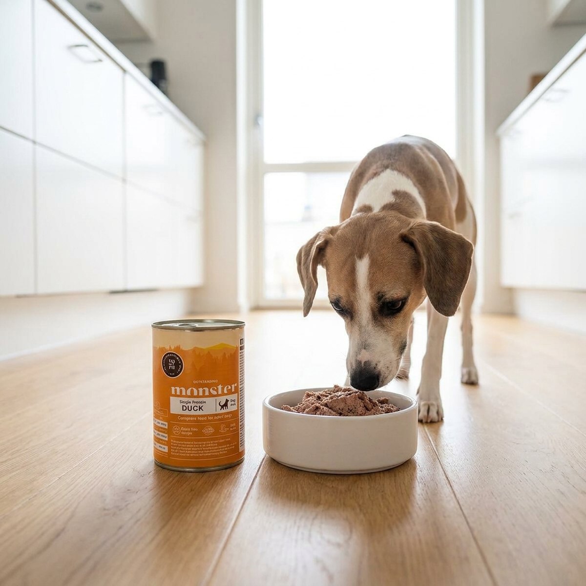 Monster Dog Single Protein Duck burk på köksgolv bredvid en hund som äter paté ur skål