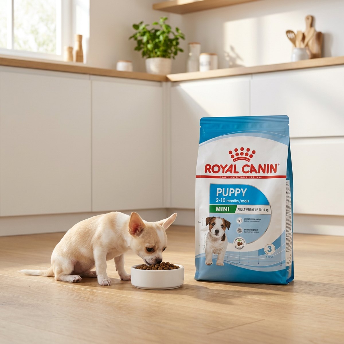 Liten hundras äter kibble ur en vit skål bredvid en Royal Canin Mini Puppy-säck på ett ljust trägolv