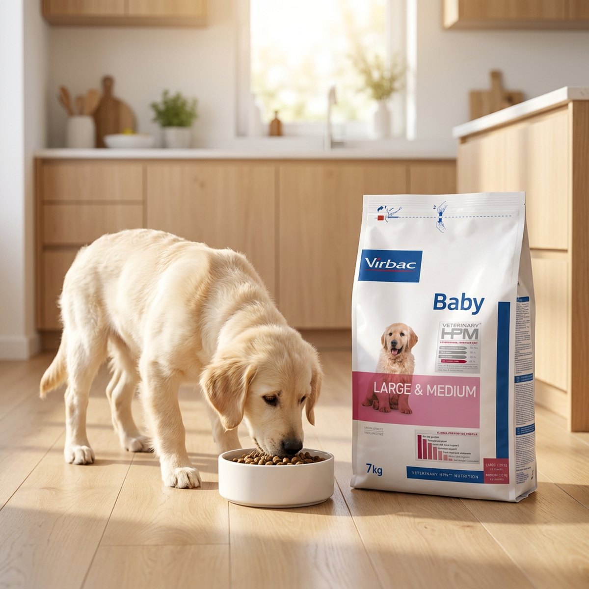 Labrador-valp äter ur en skål bredvid en Virbac HPM Baby Dog-säck i ett skandinaviskt kök