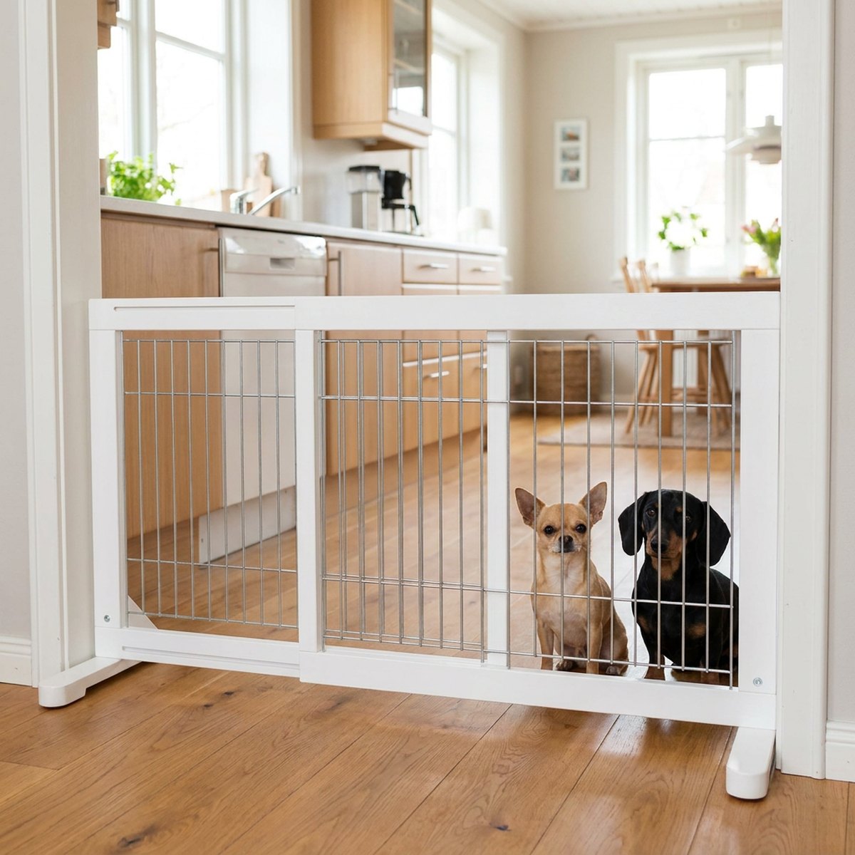 Chihuahua och tax bredvid Trixie Hundgrind vit träramsgrind med gallerinfyllning i kök