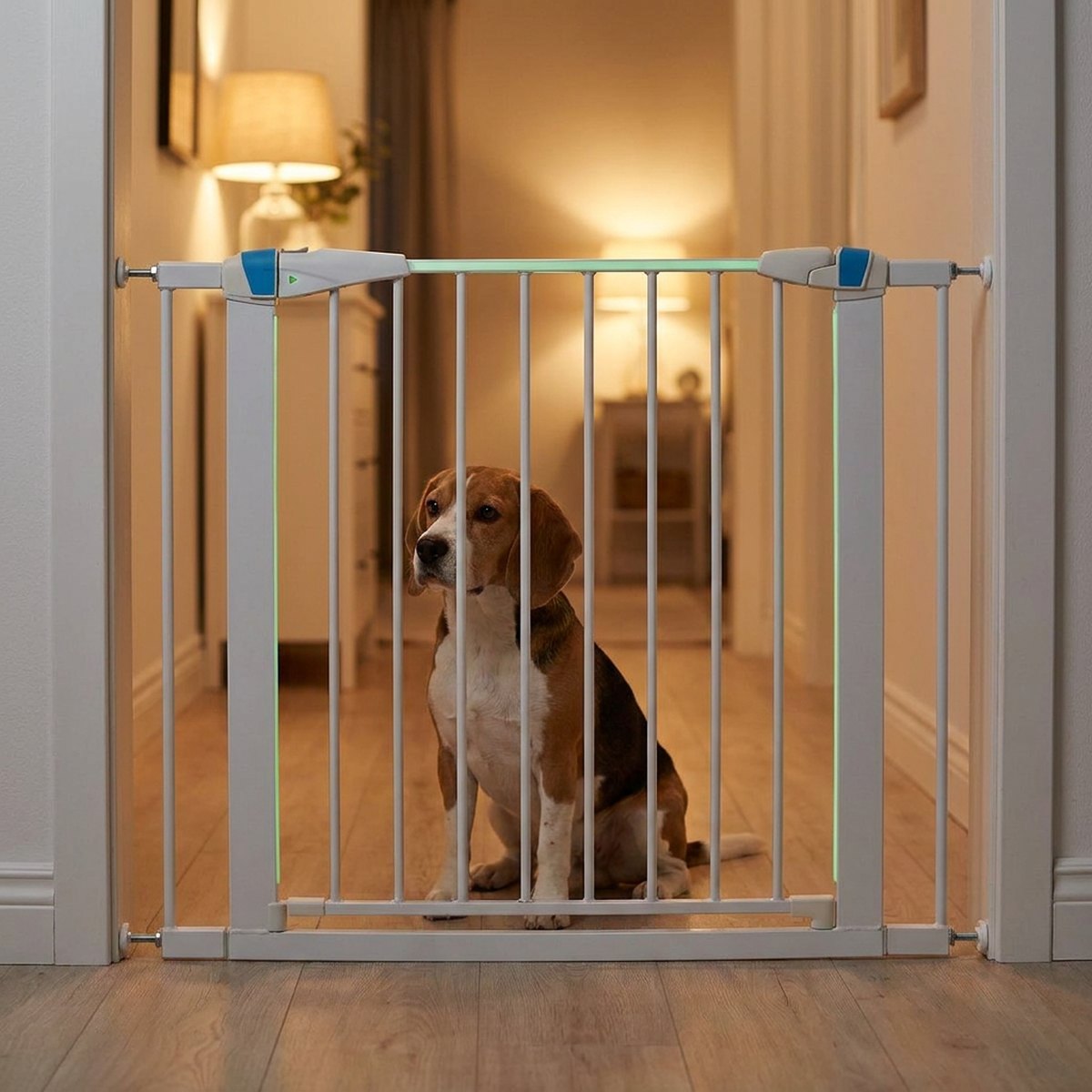 Beagle som sitter bakom Midwest Glow hundgrind i en skymningsbelyst korridor