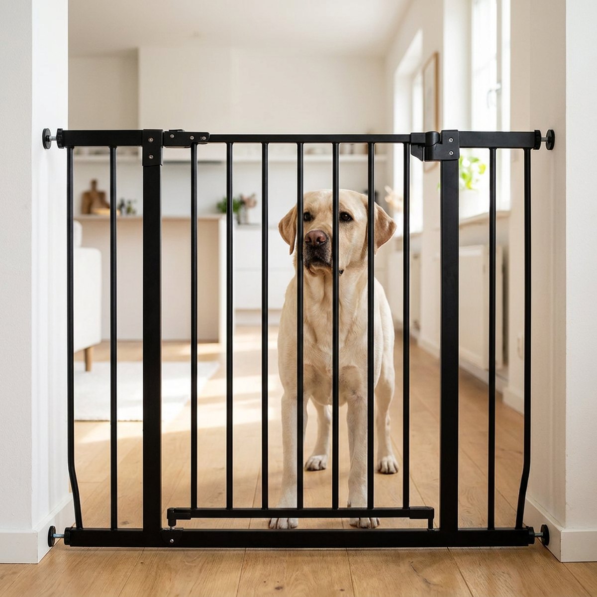 Labrador som tittar igenom PetEasy Extra Hög och Bred svart metallgrind i bred öppning
