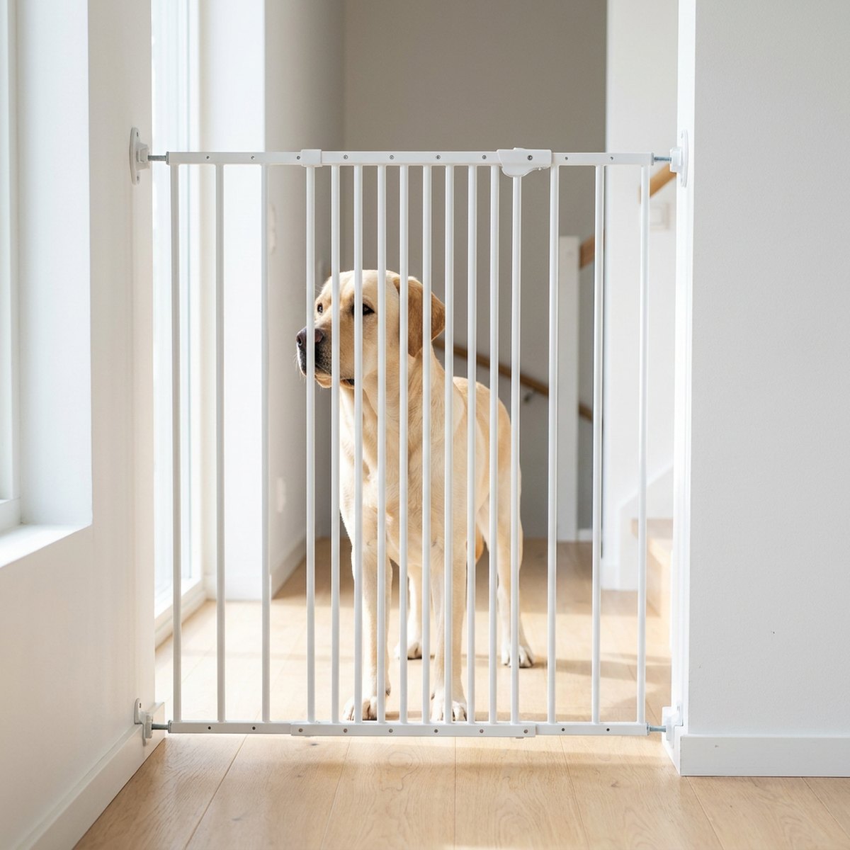Labrador bakom DogSpace Charlie vit stålgrind vid trappa i skandinavisk hall