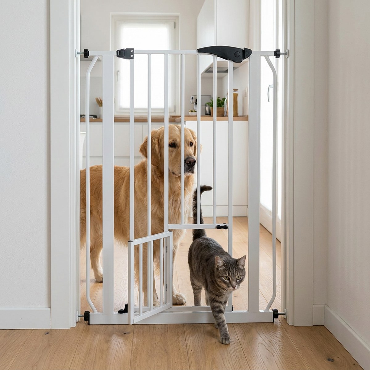 Golden retriever bakom en vit Ferplast Pet Gate i en dörröppning medan en tabby katt går ut genom kattluckan i nederkant