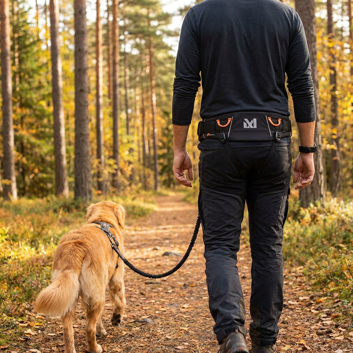 Vandrare bakifrån på en tallstig i höstskog med Non-stop Dogwear Trekking 2.0 och en golden retriever i sele