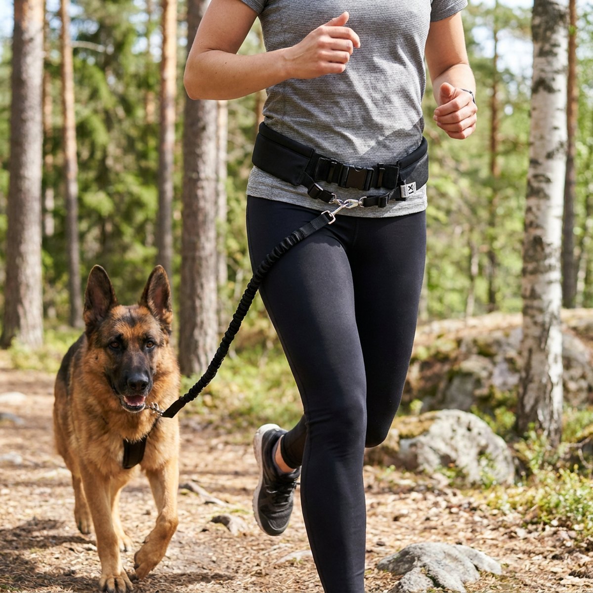 Kvinna som joggar med Baggen Softbelt Standard hundförarbälte och schäfer på skogsstig