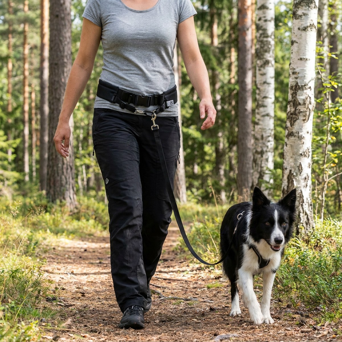 Kvinna som vandrar på en skogsstig med Baggen Softbelt Standard lågt på höften och en border collie i sele