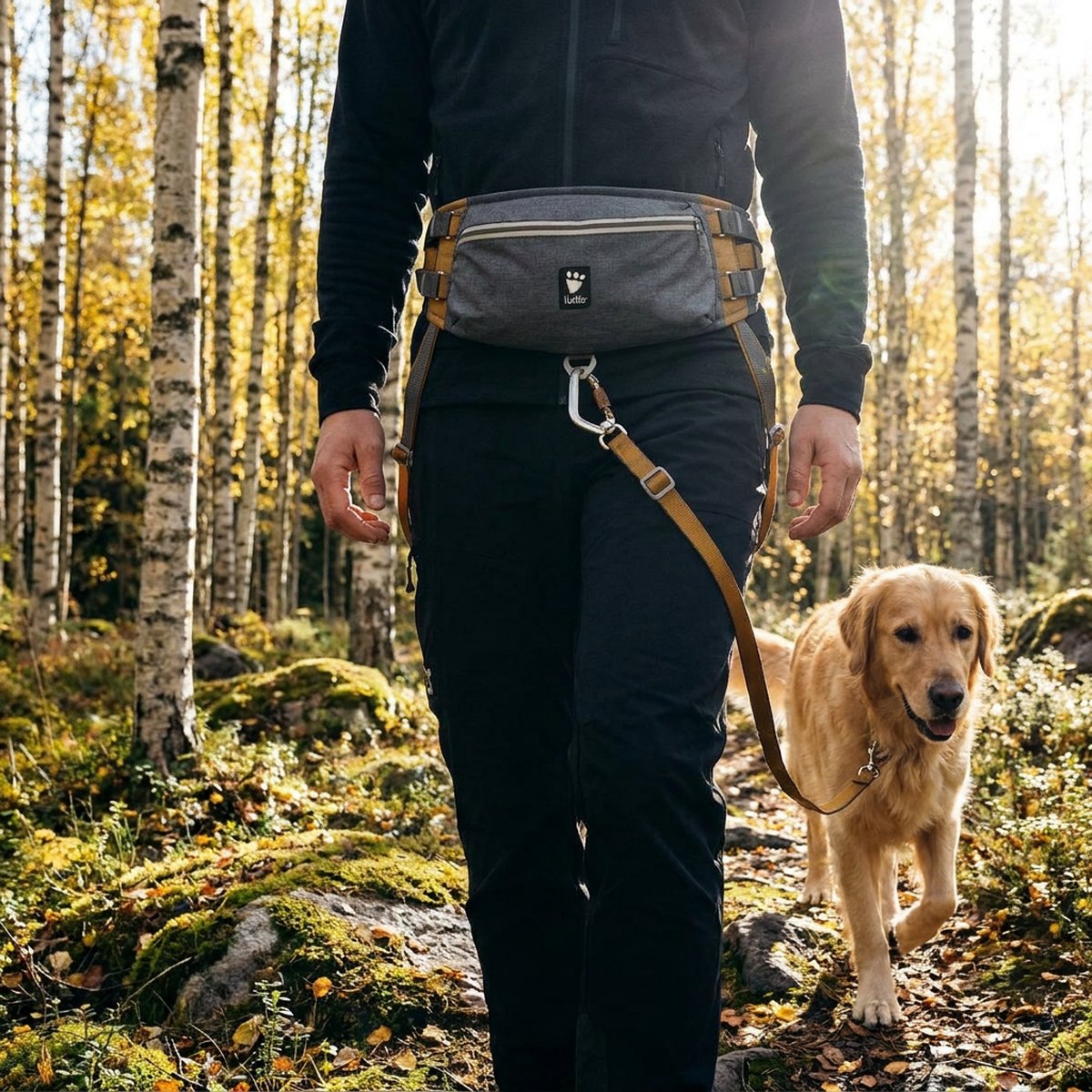 Person med Hurtta Expedition ECO grå hundförarbälte vandrar i björkskog med golden retriever