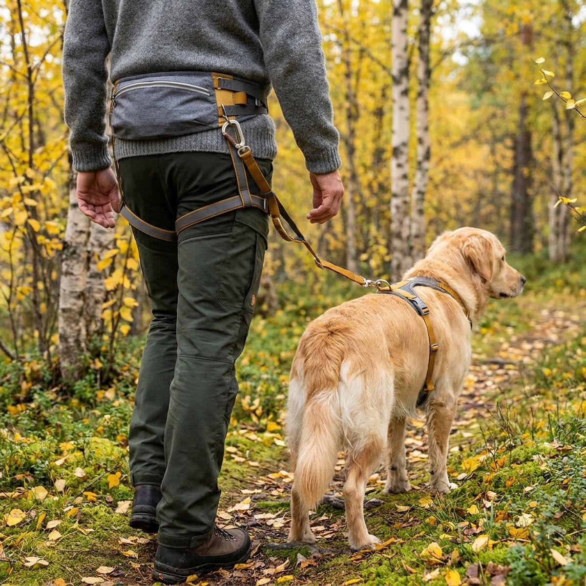 Vandrare i höstlig björkskog med Hurtta Expedition ECO och benremmar, golden retriever kopplad i sele