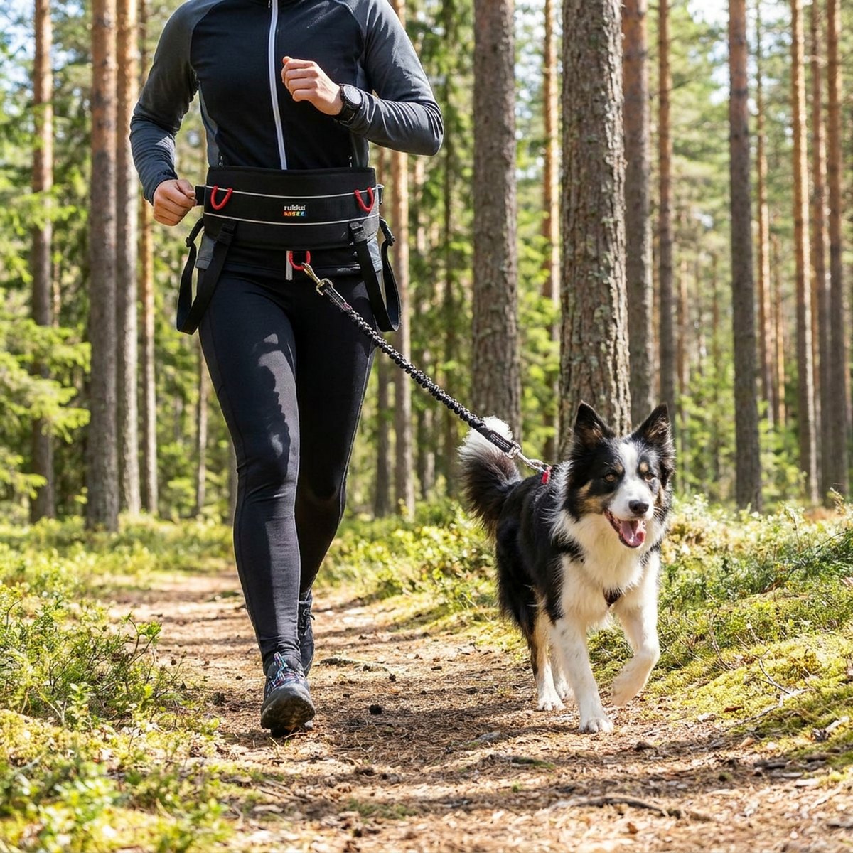 Person som springer med Rukka Hike Running smalt löparbälte och border collie på skogsstig