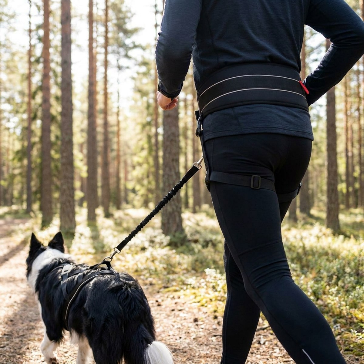 Person som springer på en skogsstig med Rukka Hike Running vadderat löparbälte och border collie