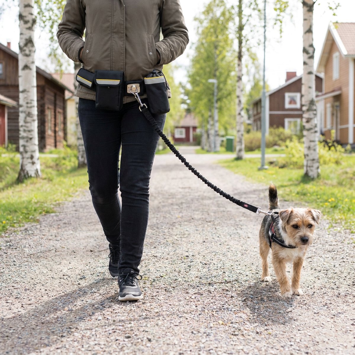 Person som promenerar med Trixie Expanderlina midjebälte och liten hund på en gata i Skandinavisk villakvarter