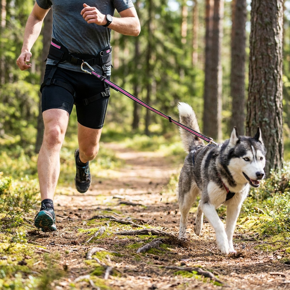 Man som springer canicross med Baggen Softbelt Race bälte och sibirisk husky på skogsstig