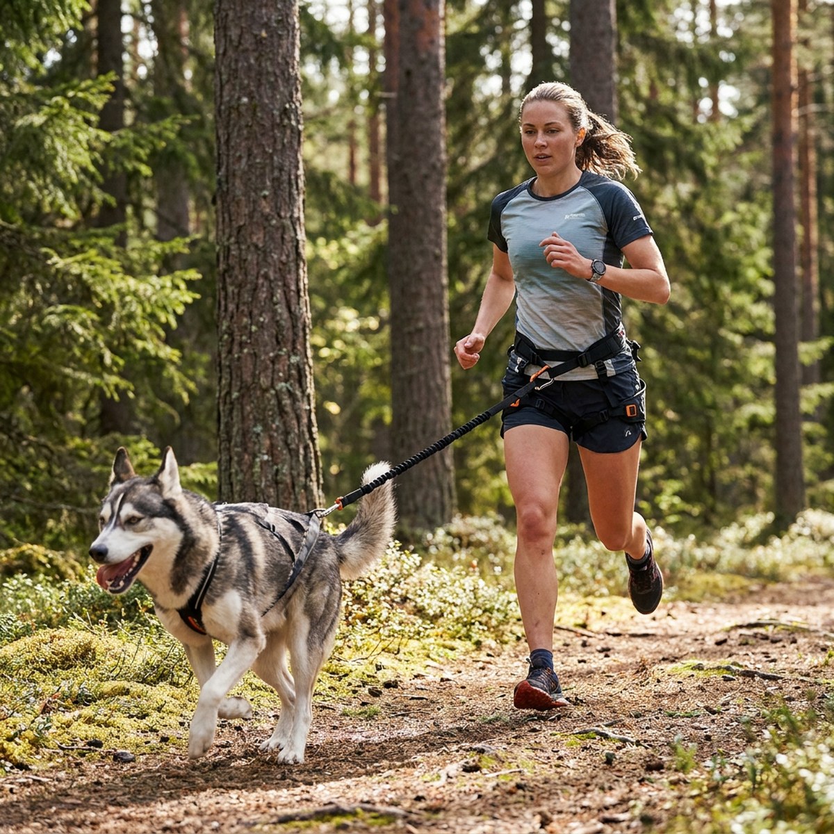 Löpare i skogen med en husky som drar i en elastisk lina fäst i ett canicrossbälte med benslingor