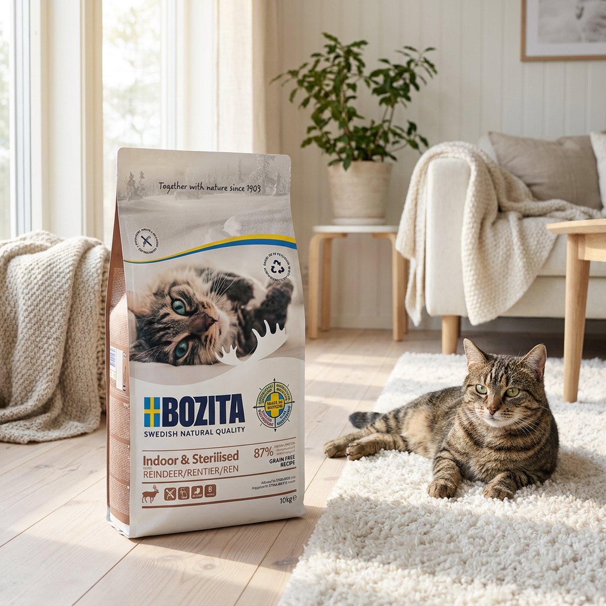 Avslappnad tabby-katt på en vit matta bredvid en påse Bozita Indoor & Sterilised Reindeer i ett ljust vardagsrum