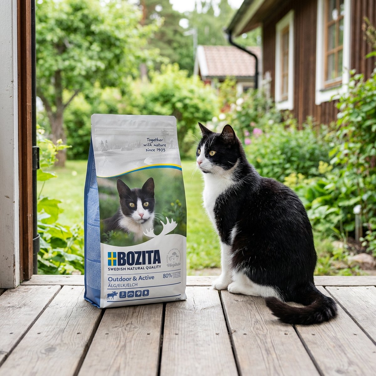 Svartvit katt sitter på en träveranda bredvid en påse Bozita Outdoor & Active torrfoder med trädgård i bakgrunden