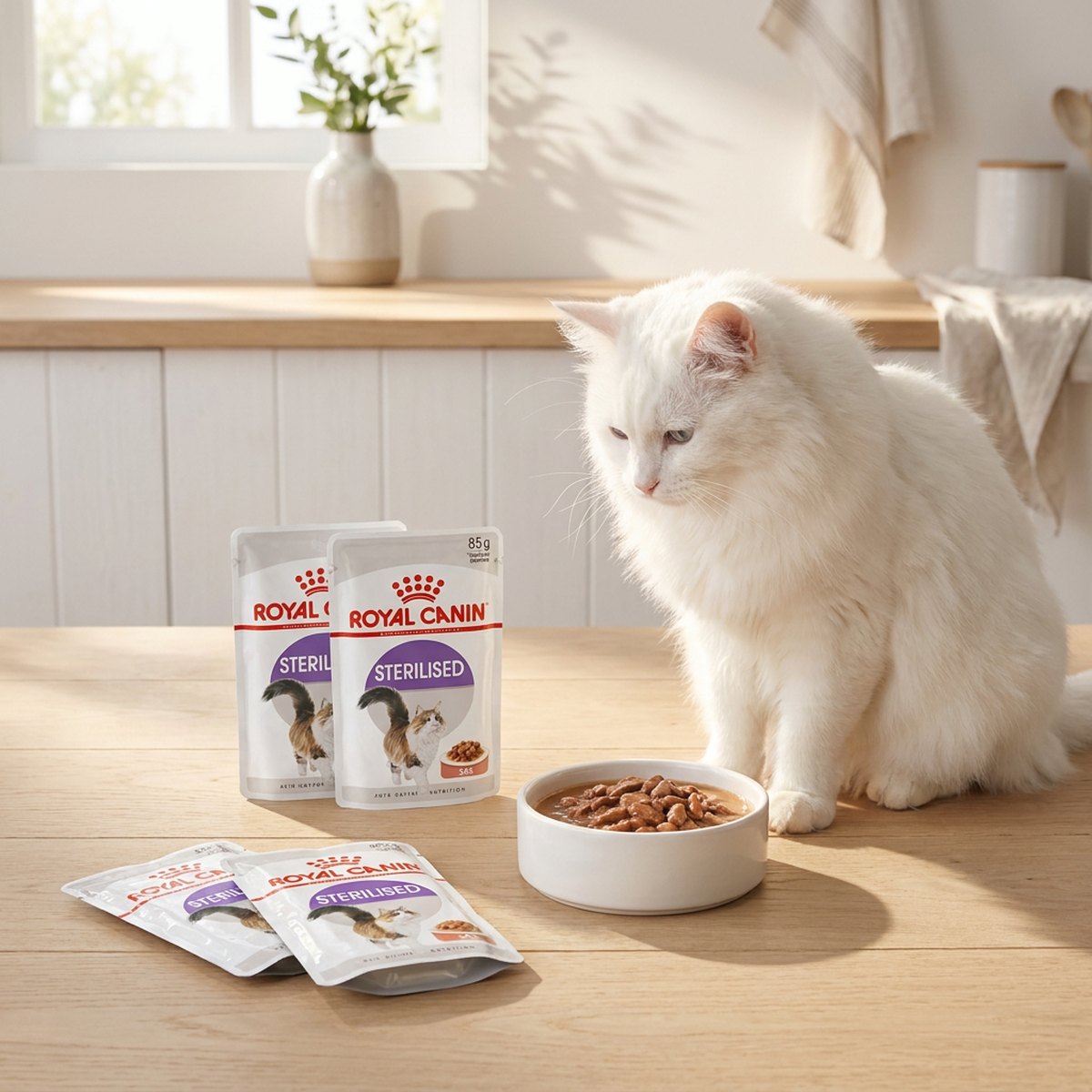 Fluffig vit katt bredvid Royal Canin Sterilised-portionspåsar och matskål på trägolv