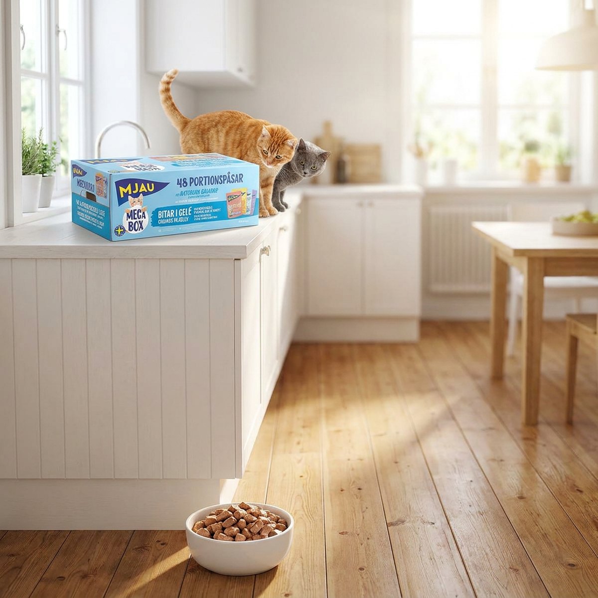 Orange katt ovanpå en Mjau Megabox på köksbänk med vit skål på golvet