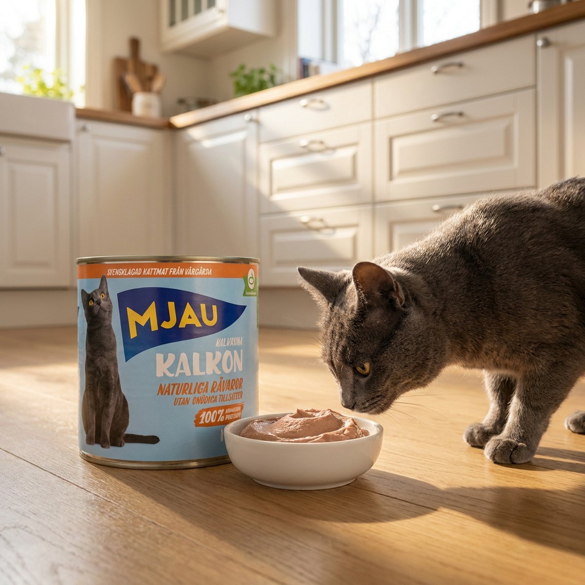 Grå katt som äter paté ur vit skål bredvid en Mjau Kalkon-burk på ett ljust köksgolv