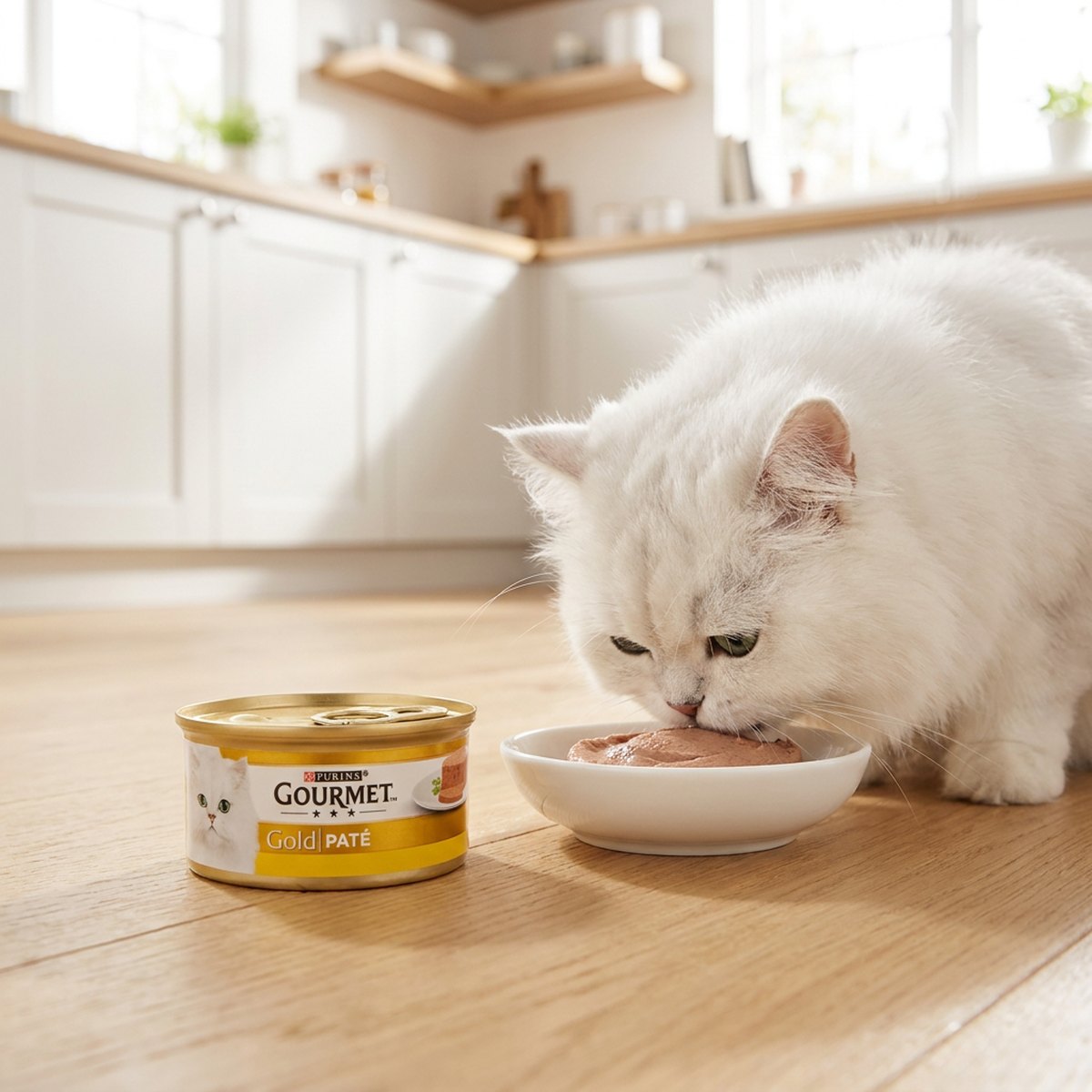 Vit långhårig katt som äter kycklingpaté ur skål bredvid en Purina Gourmet Gold-burk