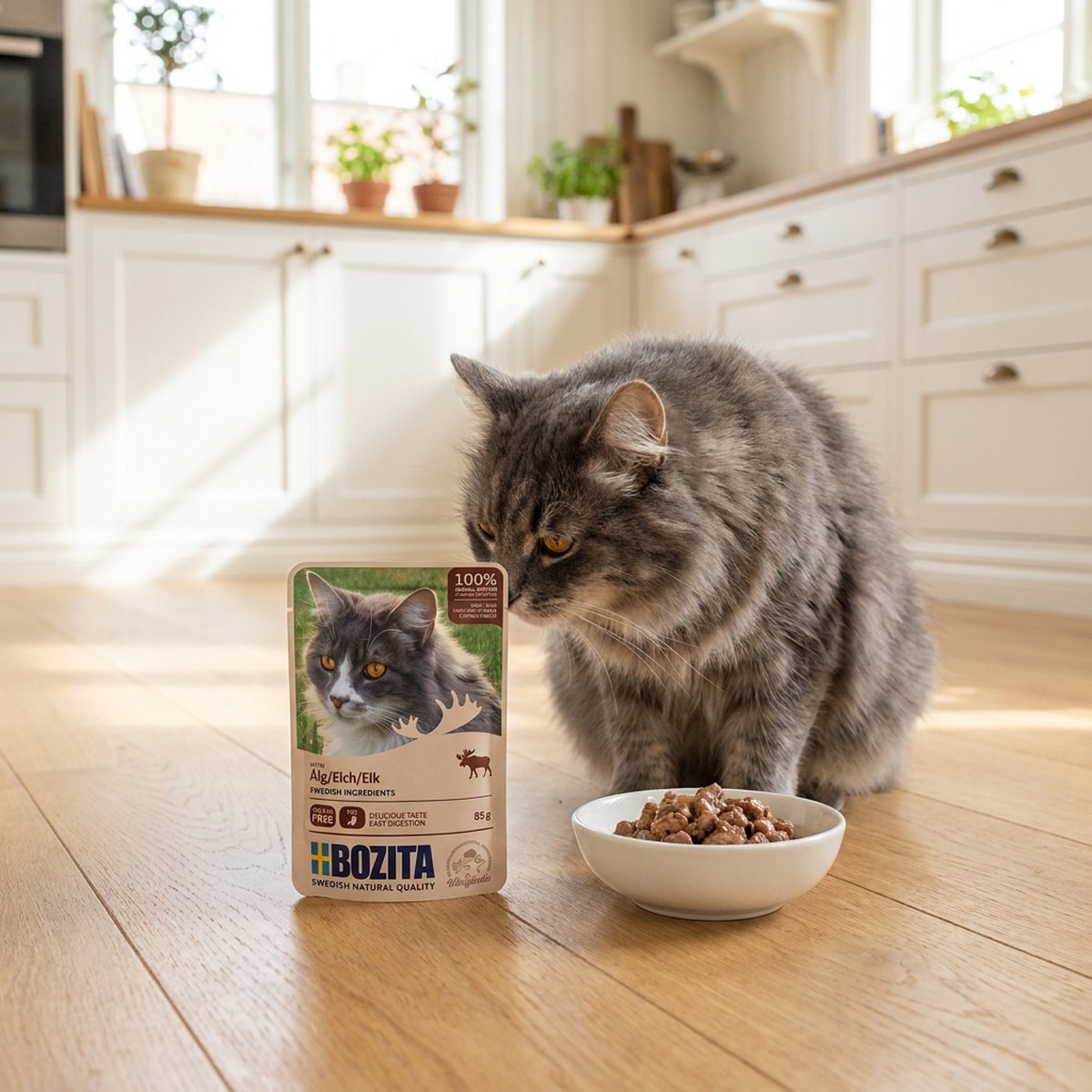 Grå fluffig katt som nosar på Bozita Älg i Gelé-påse bredvid en skål med gelébitar