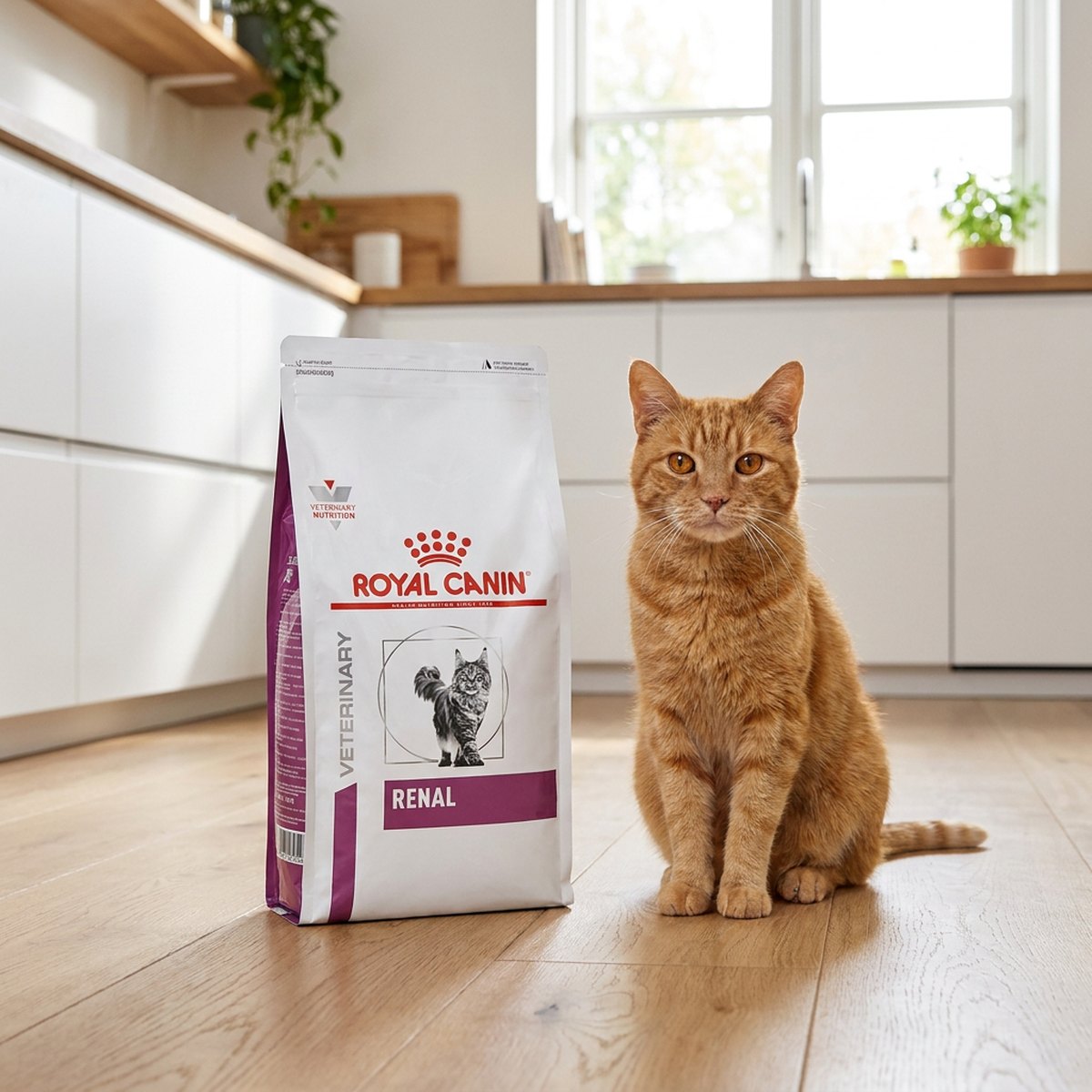 Orange katt sitter bredvid en påse Royal Canin Renal på ett ljust köksgolv i ett skandinaviskt hem