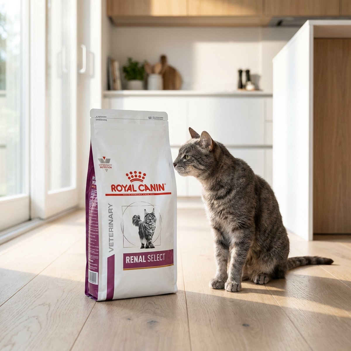Grå katt sitter bredvid en påse Royal Canin Renal Select i ett ljust skandinaviskt kök