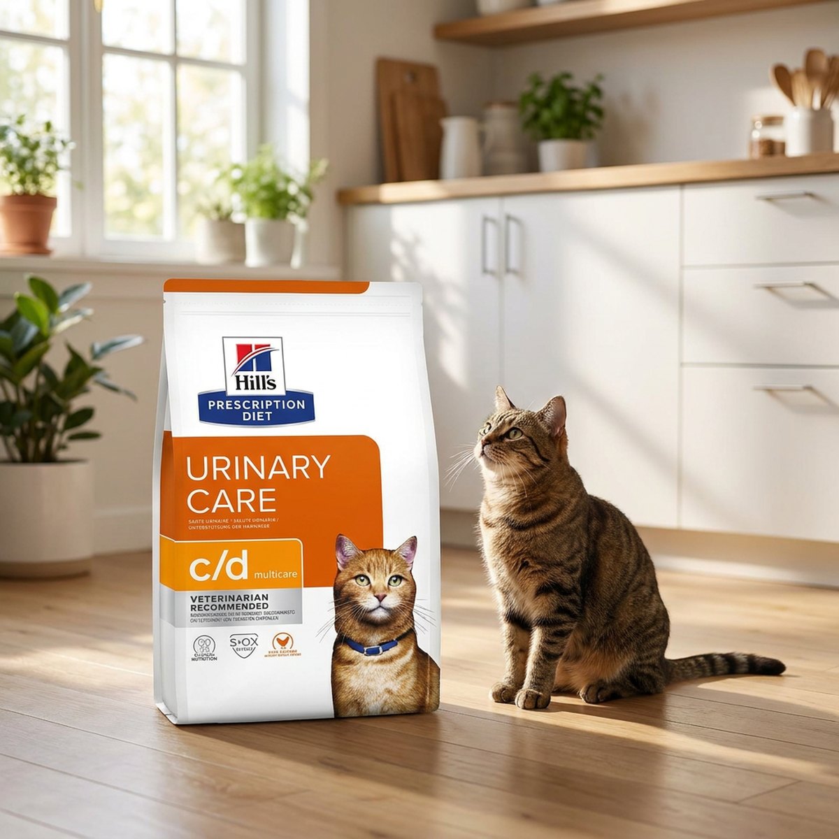 Tabbykatten sitter bredvid en påse Hill’s Prescription Diet c/d Urinary Care i ett ljust skandinaviskt kök