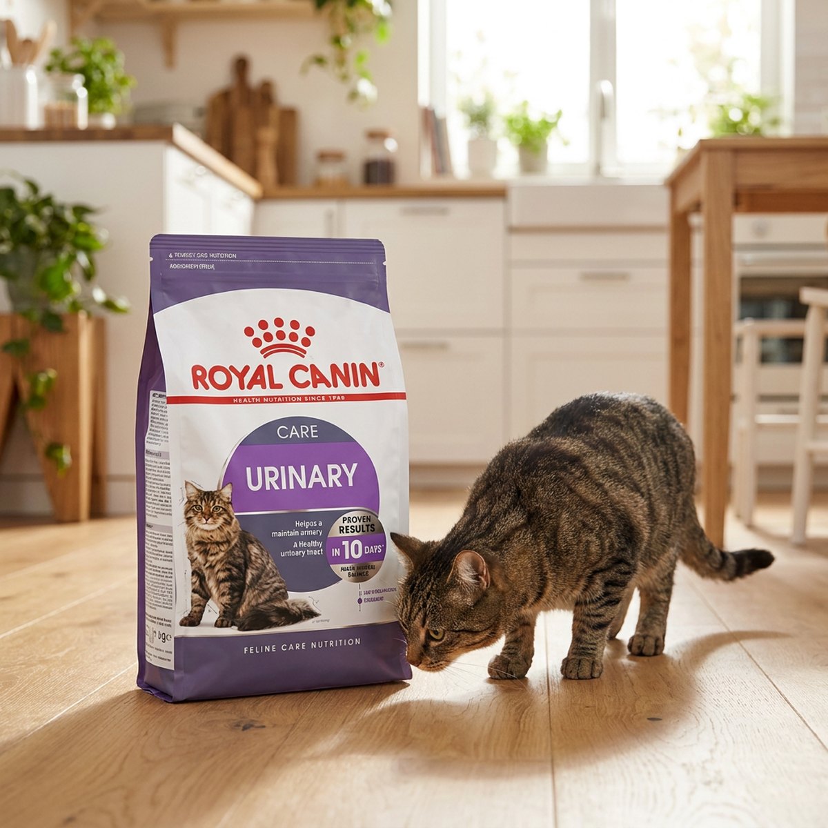 Vuxen tabbykatten äter bredvid en lila påse Royal Canin Urinary Care Adult i ett skandinaviskt kök