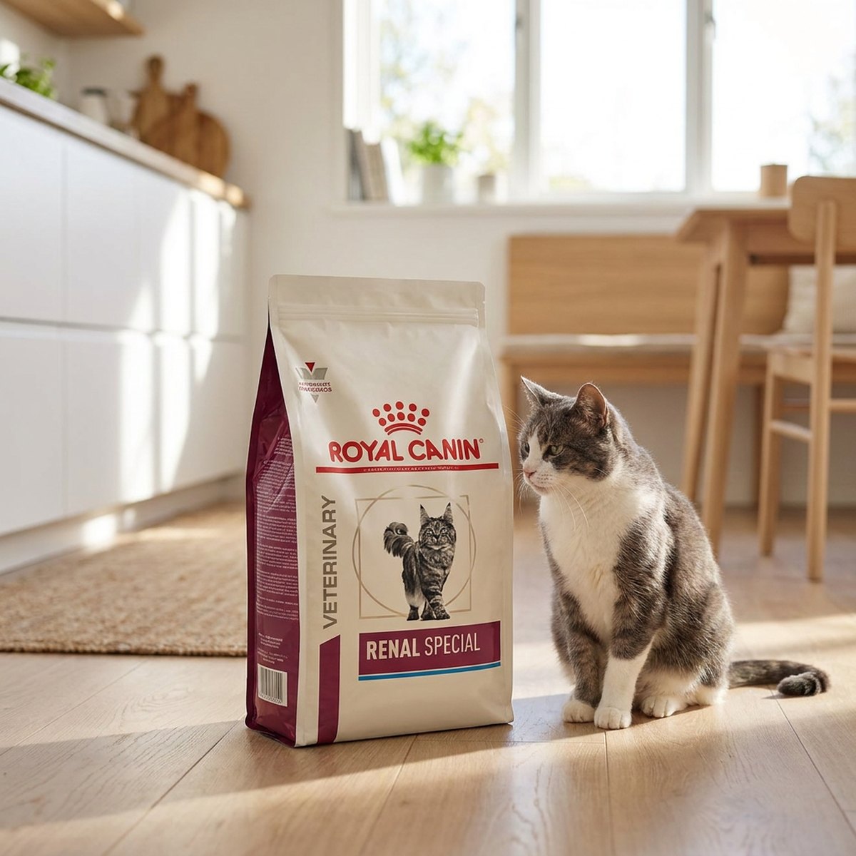 Äldre katt sitter bredvid en påse Royal Canin Renal Special i ett ljust skandinaviskt kök