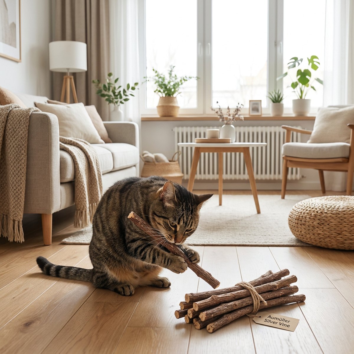 Katt som leker med ett knippe naturliga oskalade silvervine-kvistar på ett ljust trägolv