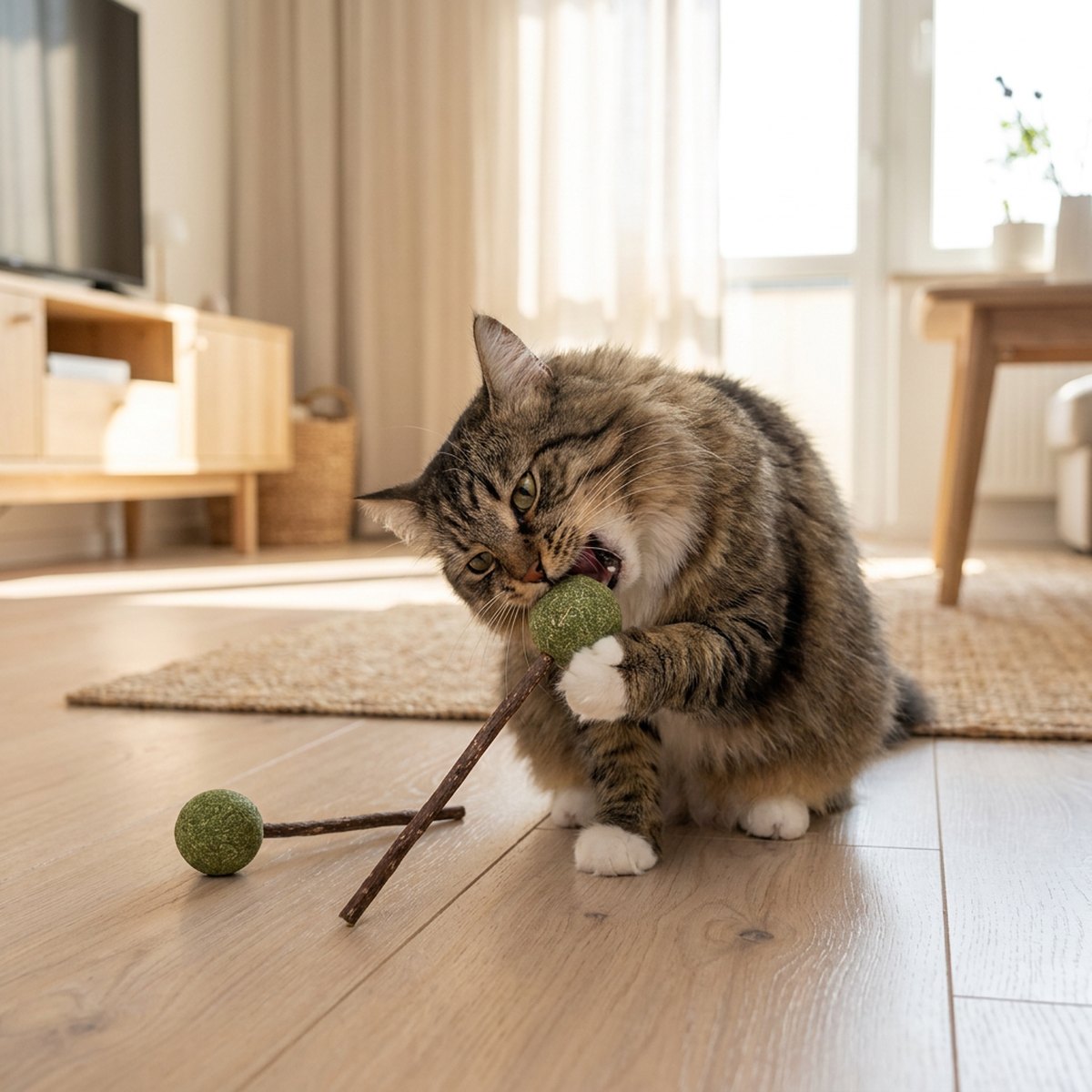 Lekfull katt som battar och tuggar på en lollypop-formad silvervine-pinne med grön catnip-boll