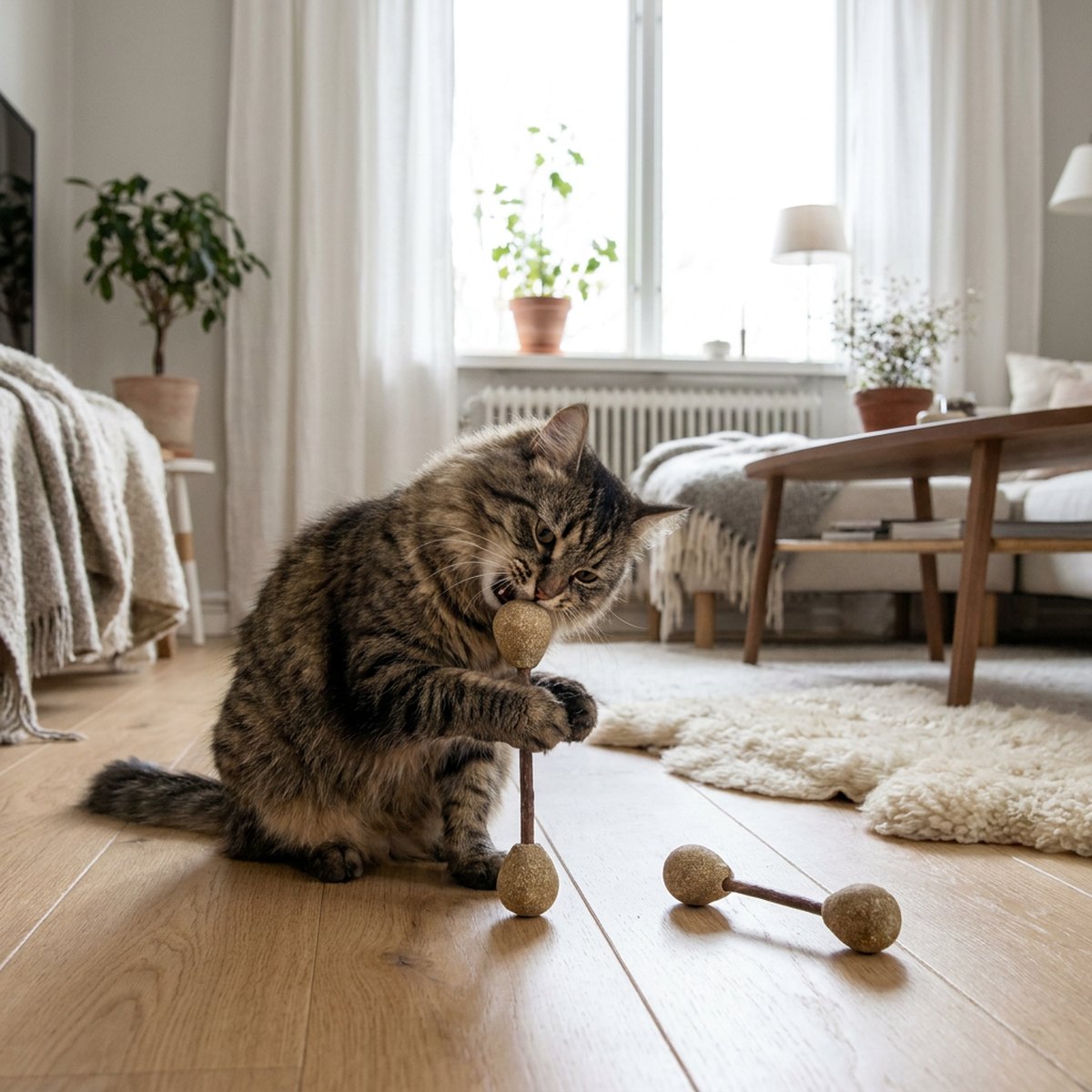 Katt som leker med skivstångsformade matatabi-pinnar med beige catnip-bollar i båda ändarna